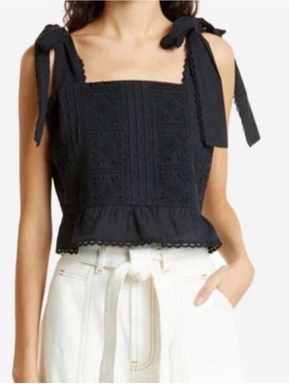 FARM Rio Black Eyelet Tie-Shoulder Top